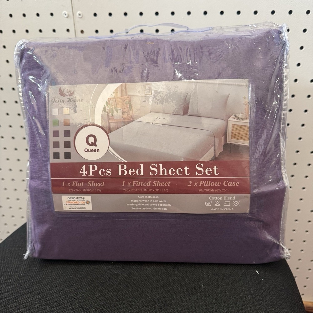 Jessy Home Queen Bed Sheet Set 4Pcs Purple Cotton Blend OEKO-TEX New In Pack